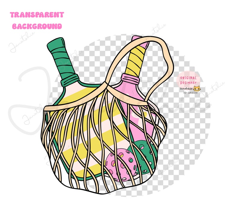 May include: A yellow and pink striped tote bag with a green and yellow bottle, a pink bottle, and two green and pink balls inside. The bag has a black handle and is on a transparent background.