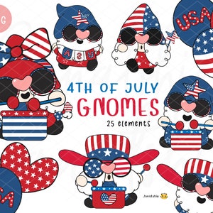 Retro groovy 4 de julio Gnomos Clipart Set / Gráficos de dibujos animados dibujados a mano / Descarga instantánea