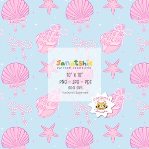 Carta digitale per tessuti e carta da parati, motivo senza cuciture con conchiglie retrò e fiocco di perle, estate, stile Y2K, rosa, preppy, da ragazza, stile costiero.