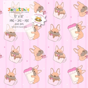 Könnte beinhalten: Nahtloses Muster mit Cartoon-Französischen Bulldoggen, Kaffeetassen und To-Go-Bechern auf rosa Hintergrund. Die Bulldoggen sind hellbraun mit dunkelbraunen Akzenten. Die Tassen sind rosa und weiß gestreift. Der Text "Janitshie SEAMELESS PATTERN 10" X 10" PNG - JPG - PDF 300 DPI. Transparent Background" ist sichtbar.