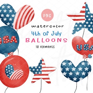 Clipart de globos festivos del 4 de julio: diseño en acuarela, ilustraciones patrióticas: celebre el Día de la Independencia con gráficos vibrantes.