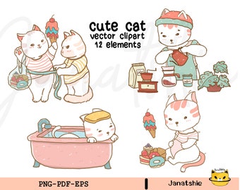 かわいい猫のクリップアート、猫のクリップアートセット、かわいい動物のクリップアート、かわいい子猫のクリップアート、ペットのイラスト ベクターグラフィック かわいいクリップアートセット PNG EPS