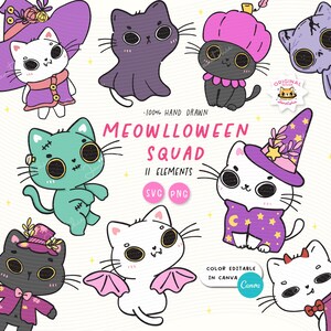 Halloween Cat Costume SVG PNG | Retro Kawaii Cat Witch & Wizard Clipart | Cute Cartoon Character Set | Doodle Halloween Cut Files