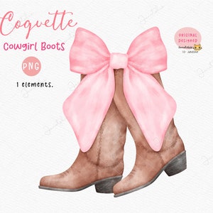 Botas de vaquera coquetas, botas de vaquera femeninas con lazo rosa, clipart PNG de acuarela, lazo de la era de la niña suave en colores pastel vintage pintado a mano.
