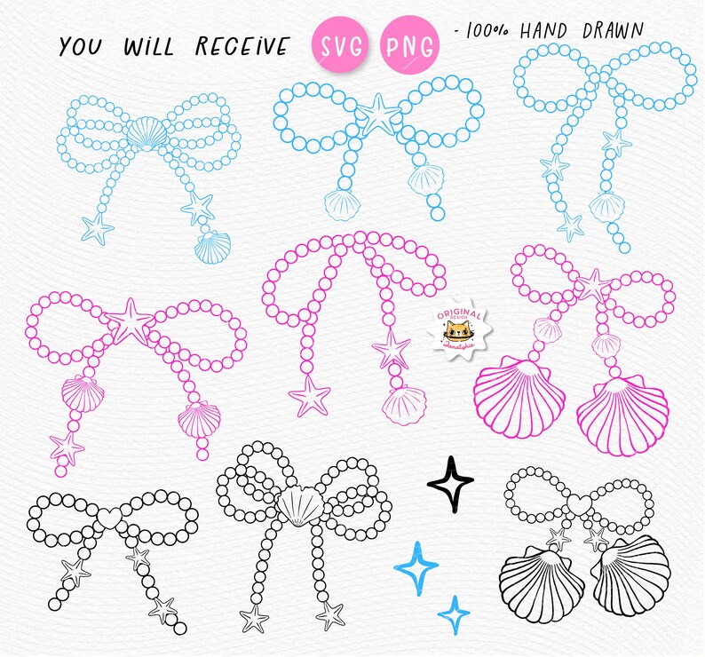 Coquette Pearl Bow Seashell Outline Clipart Preppy Girly Coastal Summer ...