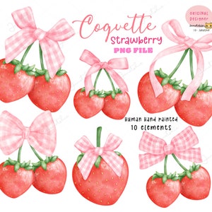 Coquette fraise png, fraise noeud aquarelle png, clipart fraise rétro, esthétique cottagecore fraise, design girly preppy.