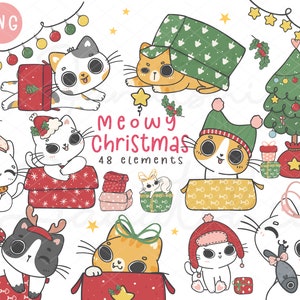 Christmas Cat PNG Set - Divertente Cartoon Kitten Doodle Clipart - Download istantaneo - Grafica Holiday Cat