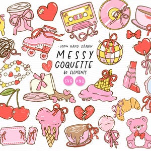 Coquette désordonnée ambiance rétro des années 90 SVG PNG | Ensemble de cliparts contour gras doodle ludique | Esthétique girly imparfaite de l'an 2000