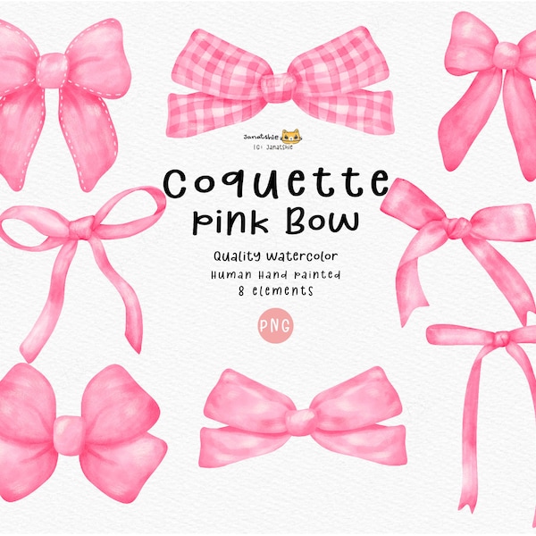 Hot Pink Coquette Ribbon Bow Watercolor PNG Set - Elegant and Charming Digital Download for Crafts