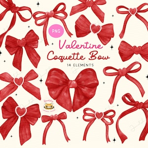 Laço de coquete vermelho Valentine Aquarela PNG Conjunto de clipart de laço de coração Fita vermelha png Laço de Natal feminino vintage pintado à mão