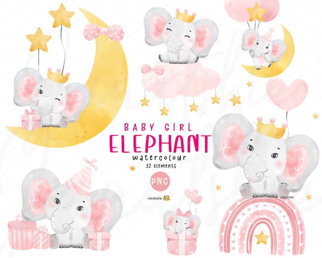 Watercolor Baby Elephant Clipart: Pink Girl Nursery Art (PNG) - Etsy