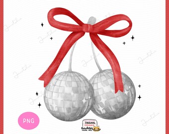 Coquette Y2K Bola de Discoteca PNG Aquarela | Clipart de Bola de Discoteca Cereja com Laço Vermelho | PNG Estético Retrô Groovy dos Anos 70 para Meninas