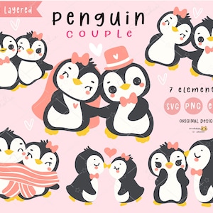 Schattige pinguïn svg Clipart - Valentijn pinguïn paar Cartoon handgetekende SVG, PNG, EPS - schattige digitale download