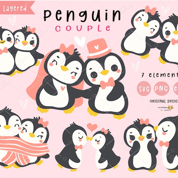 Cute Penguin svg Clipart - Valentine Penguin Couple Cartoon Hand Drawn SVG, PNG, EPS - Adorable Digital Download