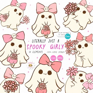 Buchstäblich nur ein gruseliger Mädchen-Geist SVG, rosa Geistermädchen png, Kawaii Retro Halloween Mädchen, niedlicher Gekritzel-Geist mit Blumen, Pastell gruselige SVG