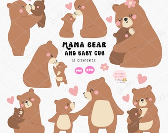 Mother's Day Bear and Baby Cub PNG SVG Clipart Set, mom and baby moment