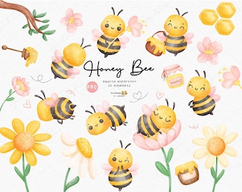 May include: A set of watercolor illustrations featuring cute cartoon honey bees, flowers, and honeycombs. The bees are yellow and black with big eyes and smiles. The flowers are pink and white with yellow centers. The honeycombs are golden yellow. The illustrations are perfect for adding a touch of whimsy to any project.