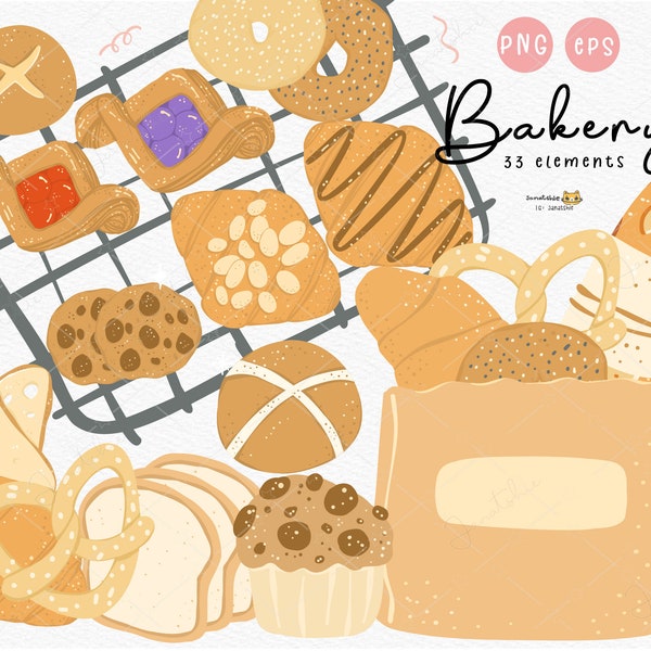 Bakery clipart set Food baking png Bread and Pastry PNG Clipart Set - Hand Drawing flat Vector EPS