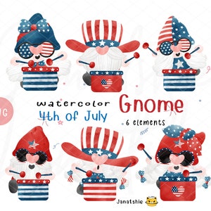 Gnomo del 4 de julio png clipart, Gnomo patriótico maravilloso png Clipart del día de la independencia retro acuarela pintada a mano
