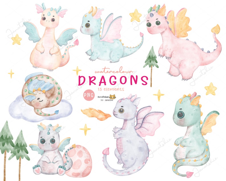 Baby Dragon Watercolor Clipart Set: Whimsical Nursery Art (PNG Digital ...