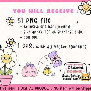 May include: A digital illustration set of 51 PNG files and 1 EPS file featuring cute cartoon characters with a whimsical theme. The characters include a ghost, a pumpkin, and a flower. The text "You're supporting ORIGINAL DESIGNER Janatshie DIGITAL ARTS" is also included in the image.
