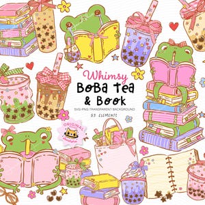 May include: Whimsical illustration featuring boba tea and books. The image includes stacks of colorful books, boba tea cups with star and heart decorations, and a frog reading a book. Text reads "Whimsy Boba Tea & Book".