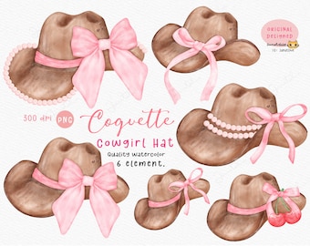 Coquette Cowgirl Hat PNG: Watercolor Cowboy Hat with Pink Ribbon Bow Clipart