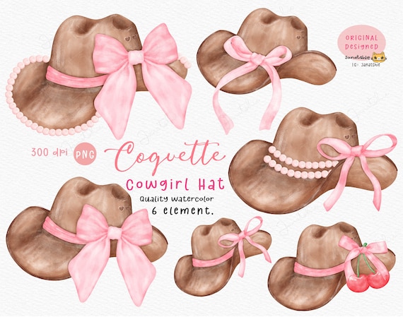 Coquette Cowgirl Hat PNG: Watercolor Cowboy Hat with Pink Ribbon Bow Clipart