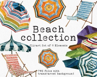 Beach clipart watercolor - Beach umbrella clipart - Watercolor summer clipart set