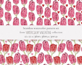 Watercolor tulip clipart - Floral digital papers - Valentines Day seamless pattern - Spring floral png - Hand painted tulips with hearts