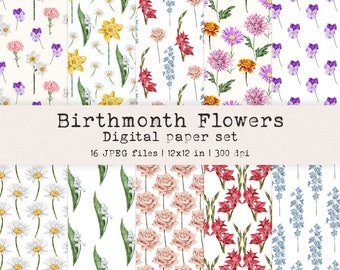 Birth flowers seamless pattern set - Hand painted floral digital paper - Pretty floral digital paper