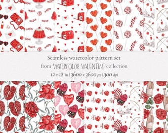 Valentine seamless patterns - Floral Valentine clipart - Valentines Day digital fabric png - Watercolor hearts - Candy sweets
