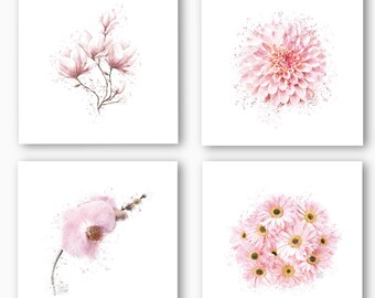 Mix of Flowers Artwork, Dahlia, Magnolias, Daisies, Orchid, Pink flowers, Watercolor art
