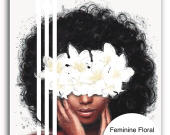 Afro Woman wall art, Feminine Illustration, Lily Flower printable art