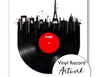 Vinyl Records Paris Artwork, French skyline, Music Wall Art, DJ Design