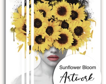 Sunflower Femine Artwok, Mystical Sunflower Print, Feminine Power and Nature Design