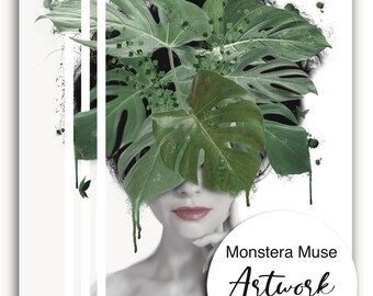 Monstera Muse Artwork, Feminine Botanical Art, Surrealism Design