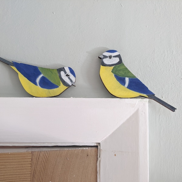 Pair of Handmade Wooden Blue Tit Door Toppers - Home Decor Gift for Bird Lovers