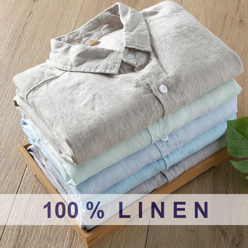 Man 100% Linen Shirt Men Solid Color 