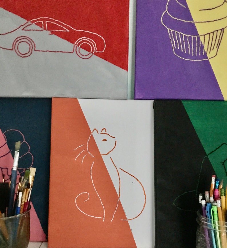 Custom Embroidered Line Art 8x10 Canvas Painted 2colors Etsy