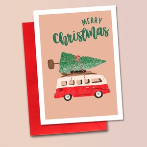 Vintage Auto Klappkarte » Weihnachtskarte mit Baum » VW Bus » Grußkarte für Freunde » Retro Xmas » Antique Bus
