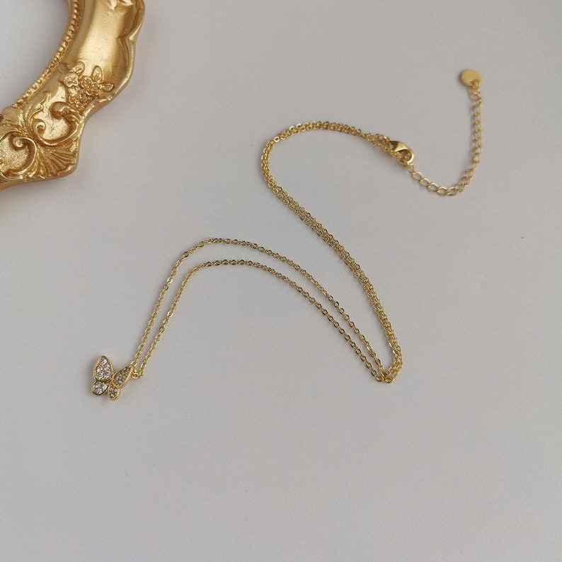 Delicate CZ butterfly Layering Necklace Dainty butterfly Charm Choker Necklace Dangling necklace Gold dangle Minimalist Simple Necklace