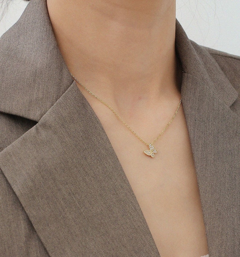 Delicate CZ butterfly Layering Necklace Dainty butterfly Charm Choker Necklace Dangling necklace Gold dangle Minimalist Simple Necklace