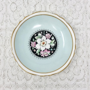 vintage Paragon double warrant black gold white and pink floral orphan saucer pattern A 52 1 BH