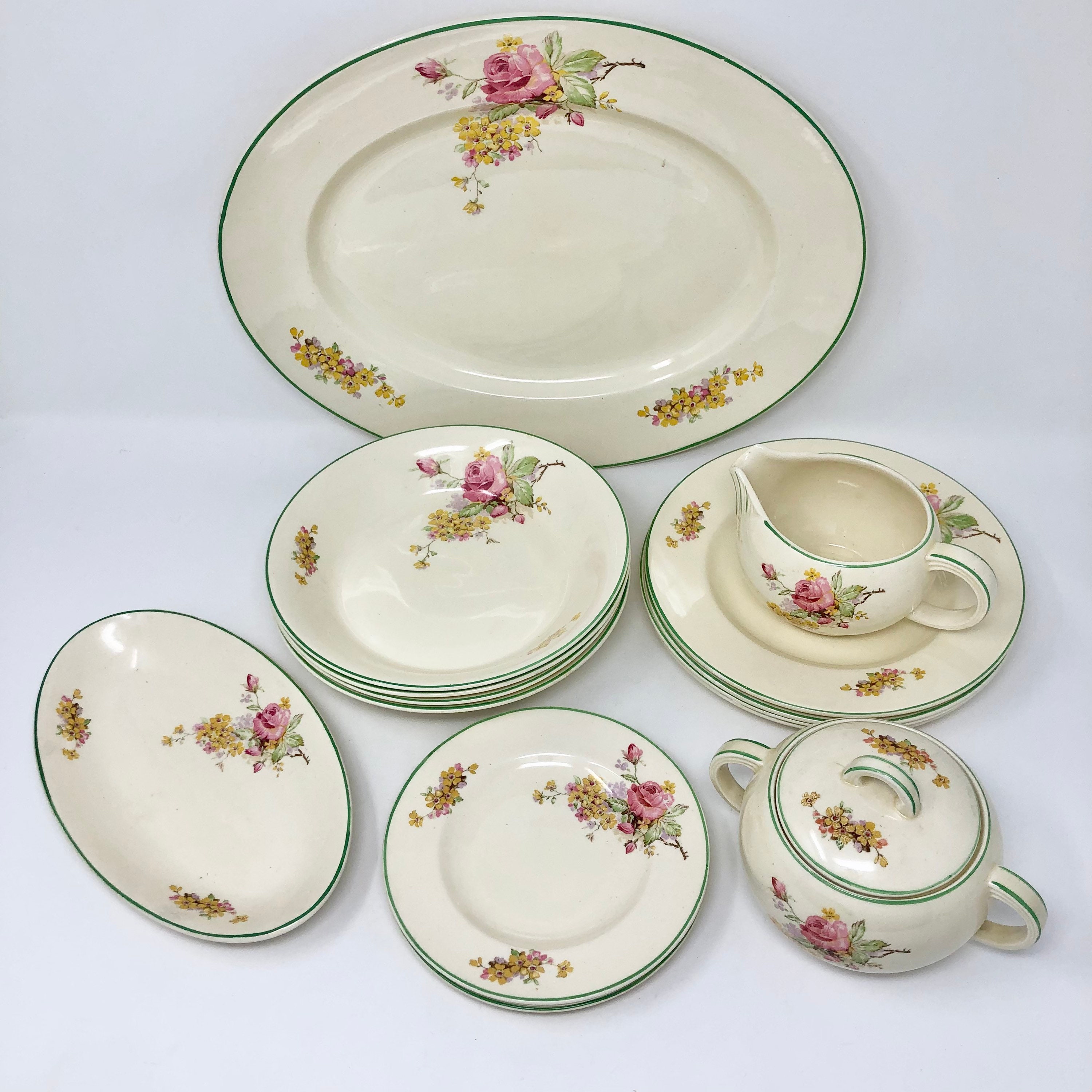 Art Deco Woods’ Tea Set with 2x Matching Cups and Saucers, Creamer, Serving Plate and Platter