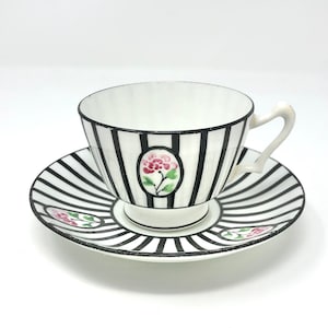 antique Crown Staffordshire / antique tea cup / Crown Staffordshire tea cup / black stripes w/ pink flowers tea cup & saucer / 1915 / 648769