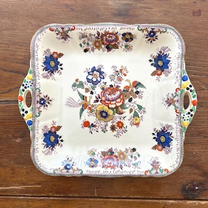 Mason&#39;s patent ironstone china England birds and flowers square cake plate - antique cake plate