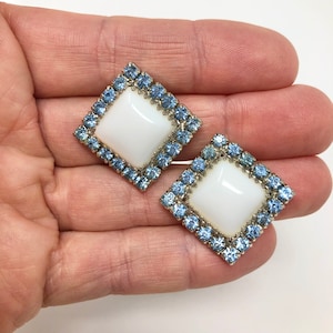 vintage light blue rhinestone white and silver clip-on earrings