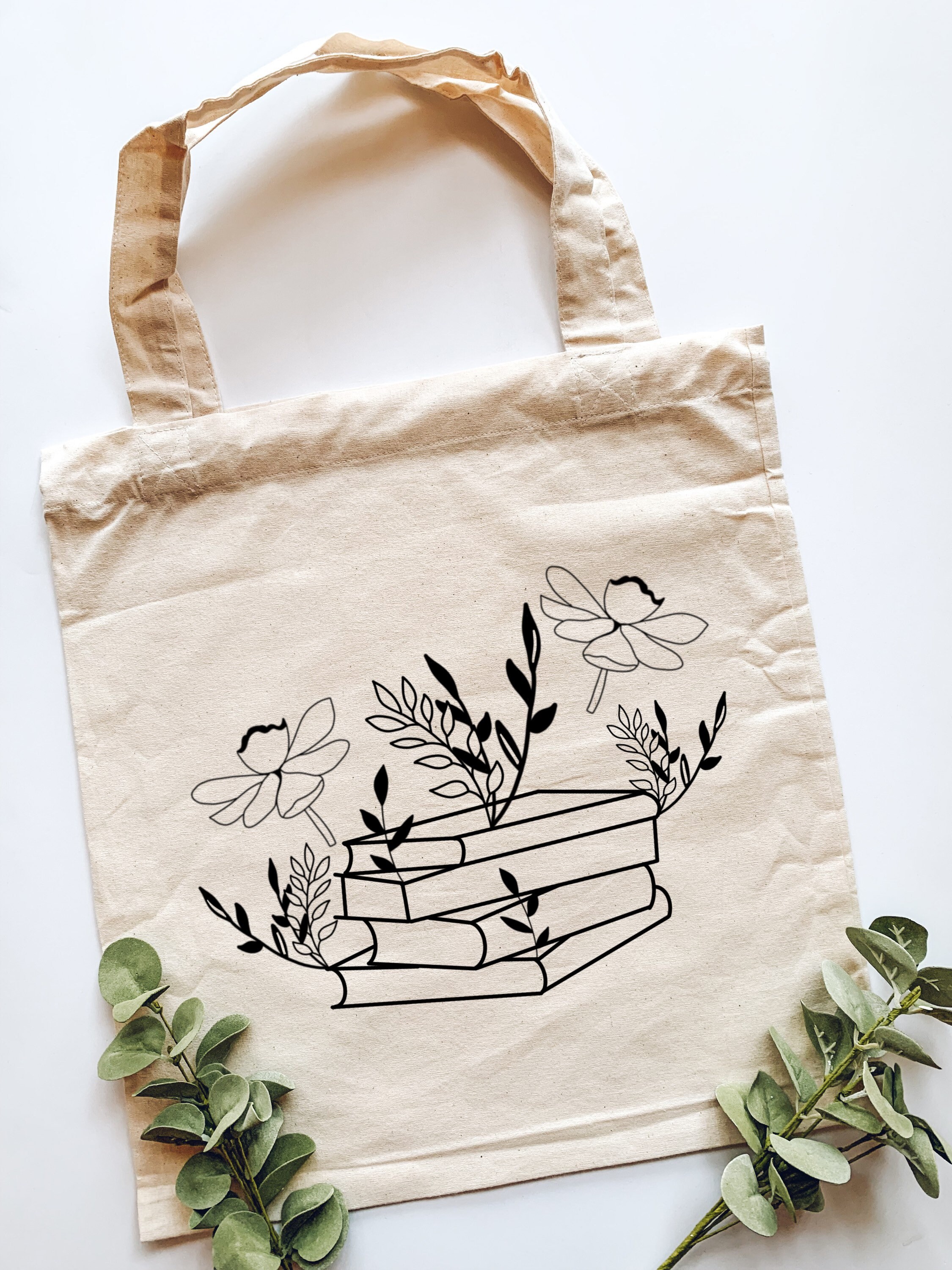 Floral Stack of Books Canvas Tote Bag Etsy