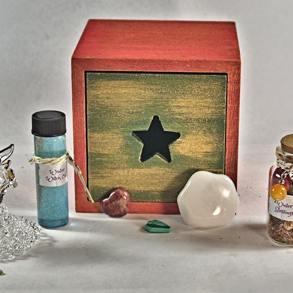Yule Witch Box, Christmas Witch Box, Winter Witch Box, Winter Blessings Jar, Angel Ornament, 'When Yule Wish Upon A Star' Wooden Star Trunk